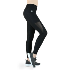Damen Fitnessleggings mit Mesh-Einsatz und Handytasche, schwarz